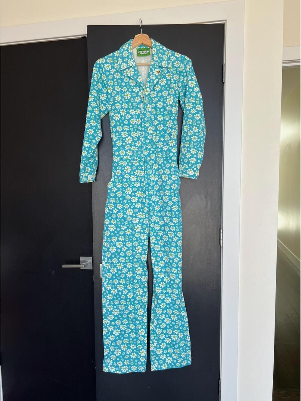 Big Bud Press Everyday Jumpsuit Turquoise Daisy Floral Long Sleeve Size XXS - Picture 2 of 5